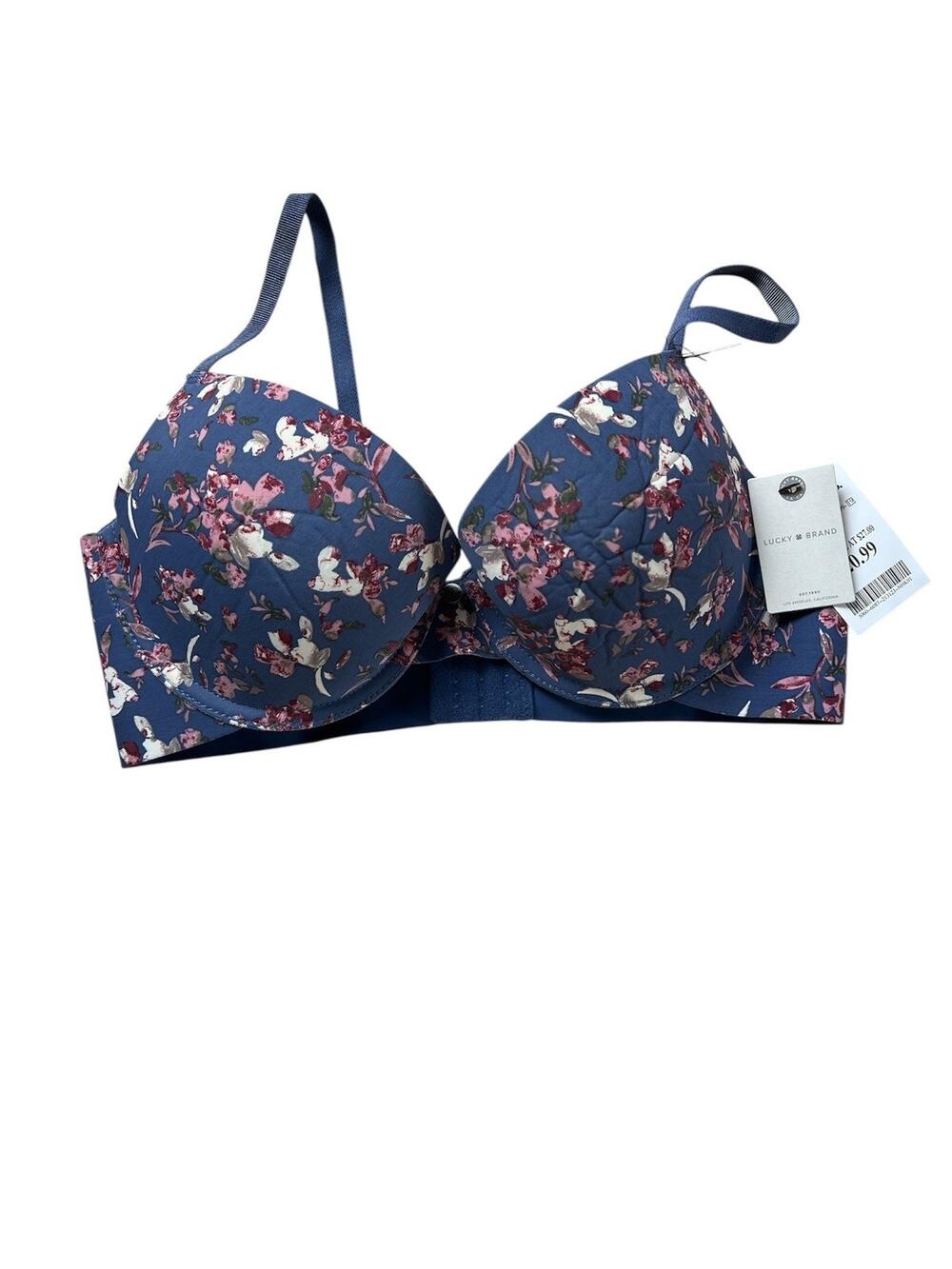 Lucky Brand Bra Womens 36C Blue Floral T Shirt Underwire Padded Microfiber